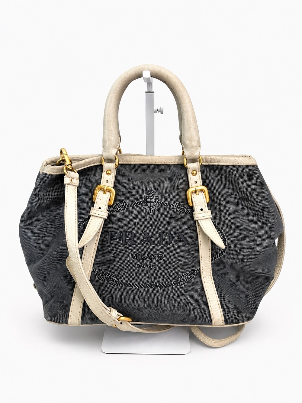 Prada Milano Logo Canvas Tote Bag Gray Canvas Ivory Leather Shoulder Bag